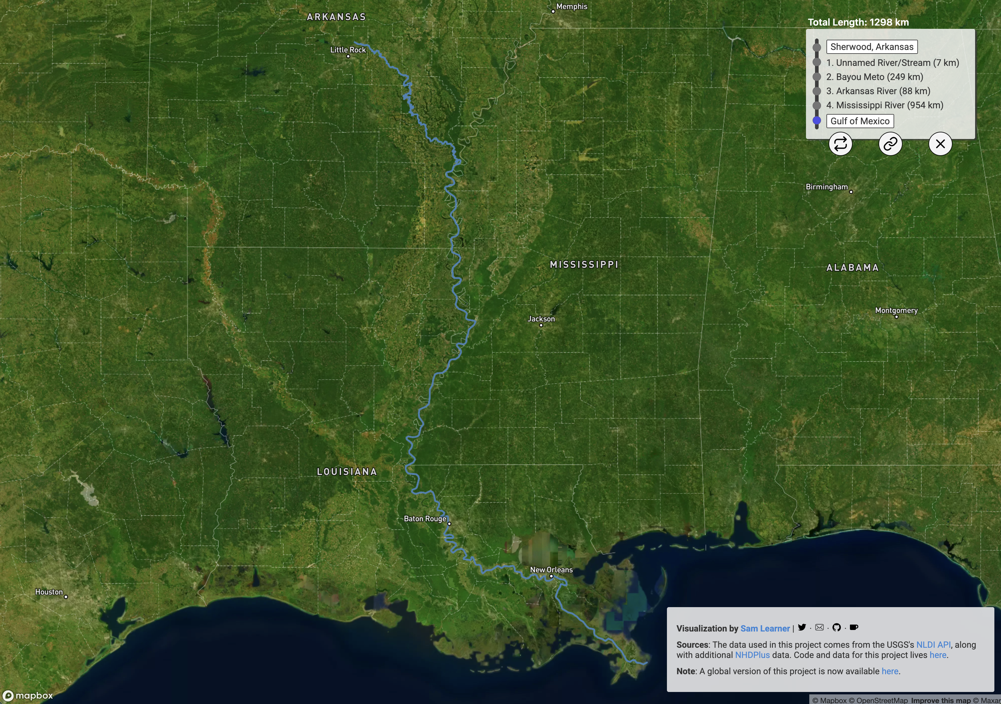River Runner showing the path from our home to the Gulf of Mexico via the Mississippi